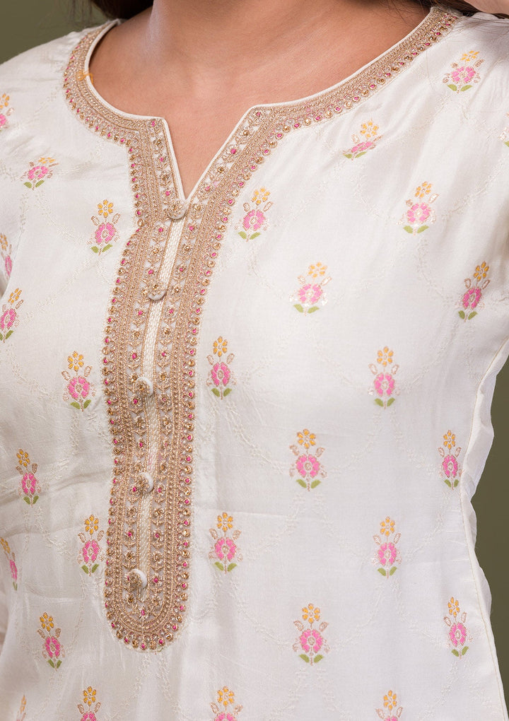 Cream Zariwork Soft Silk Readymade Sharara Kameez