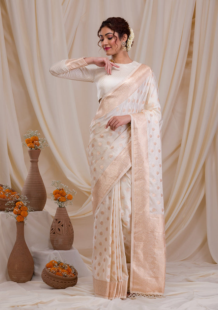 Cream Zariwork Art Silk Saree-Koskii