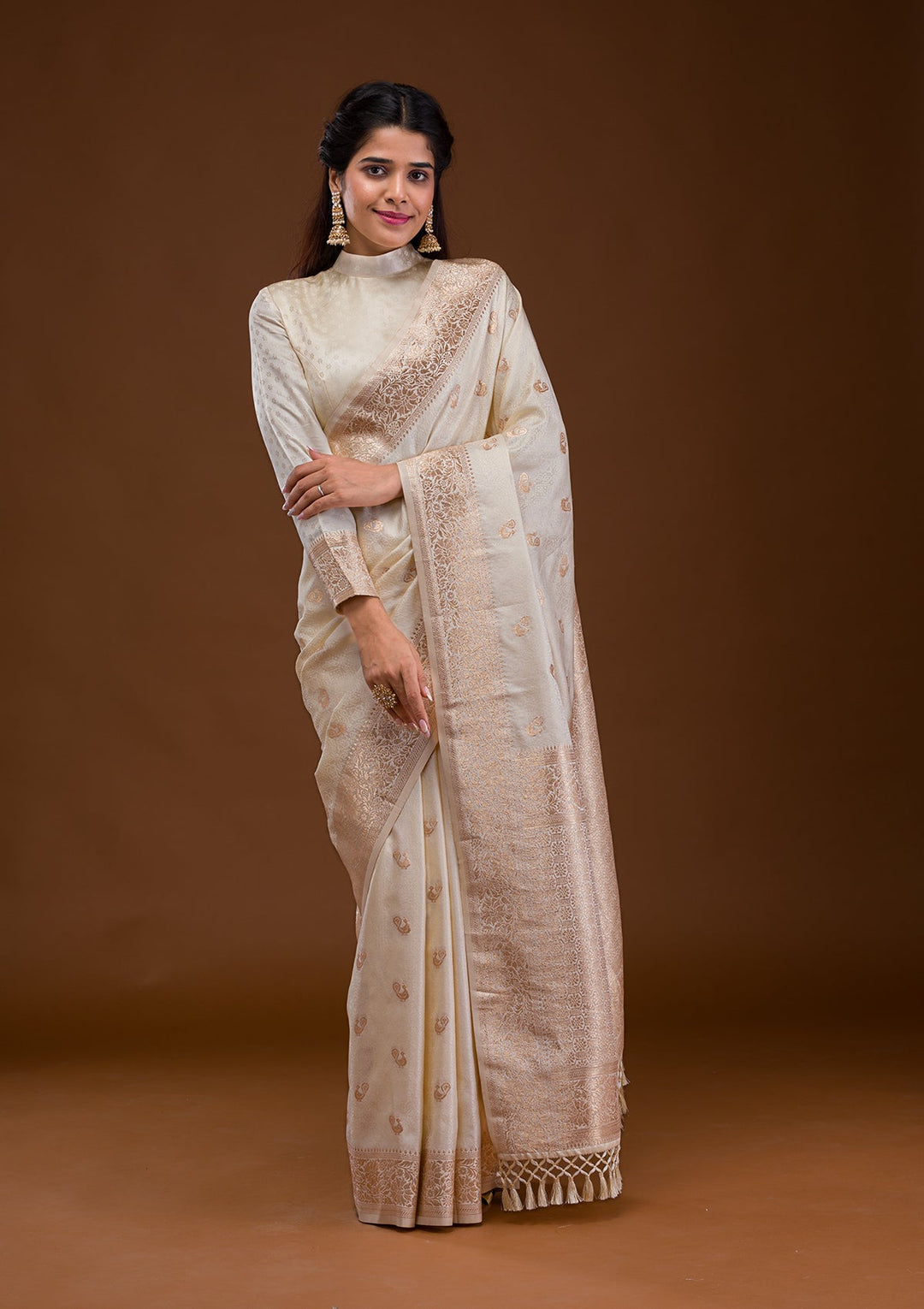 Cream Zariwork Art Silk Saree-Koskii