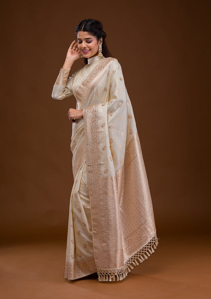 Cream Zariwork Art Silk Saree-Koskii