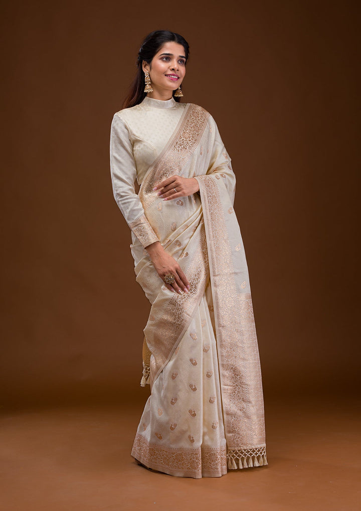 Cream Zariwork Art Silk Saree-Koskii
