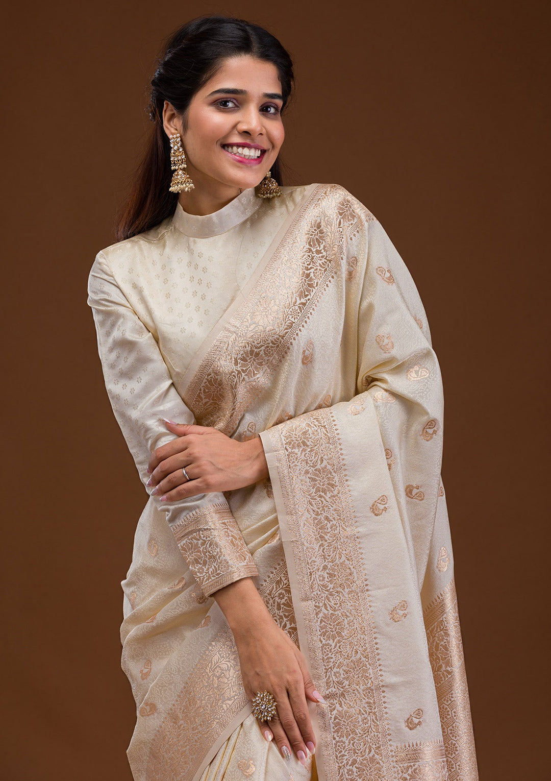 Cream Zariwork Art Silk Saree-Koskii