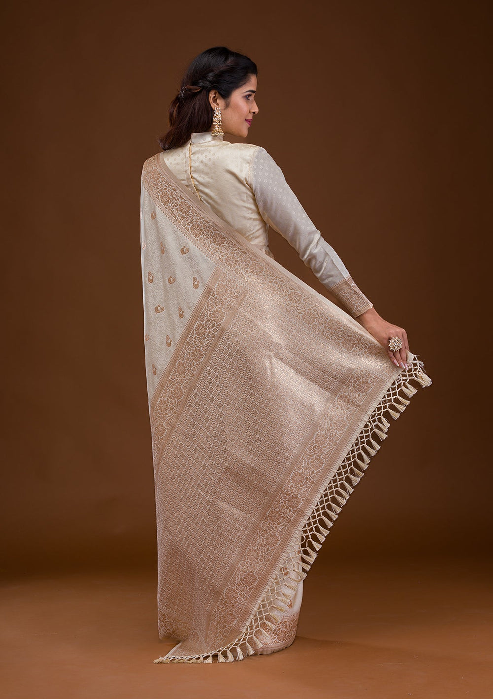 Cream Zariwork Art Silk Saree-Koskii