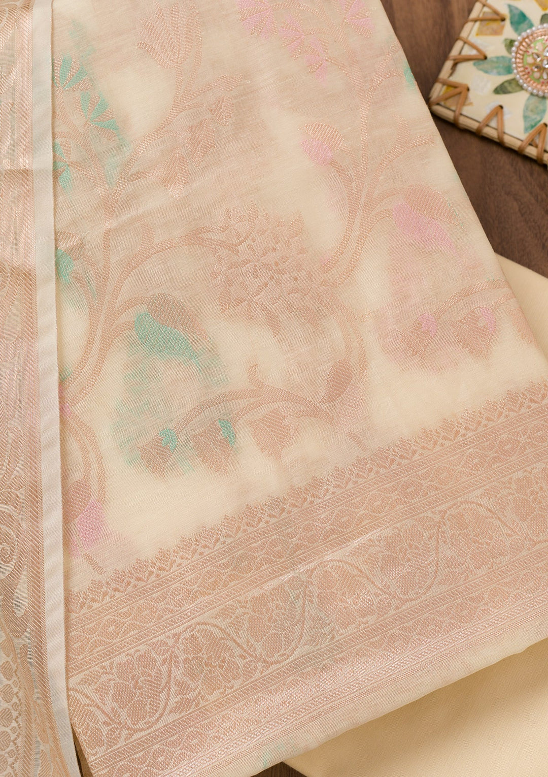 Cream Zariwork Banarasi Unstitched Salwar Suit-Koskii