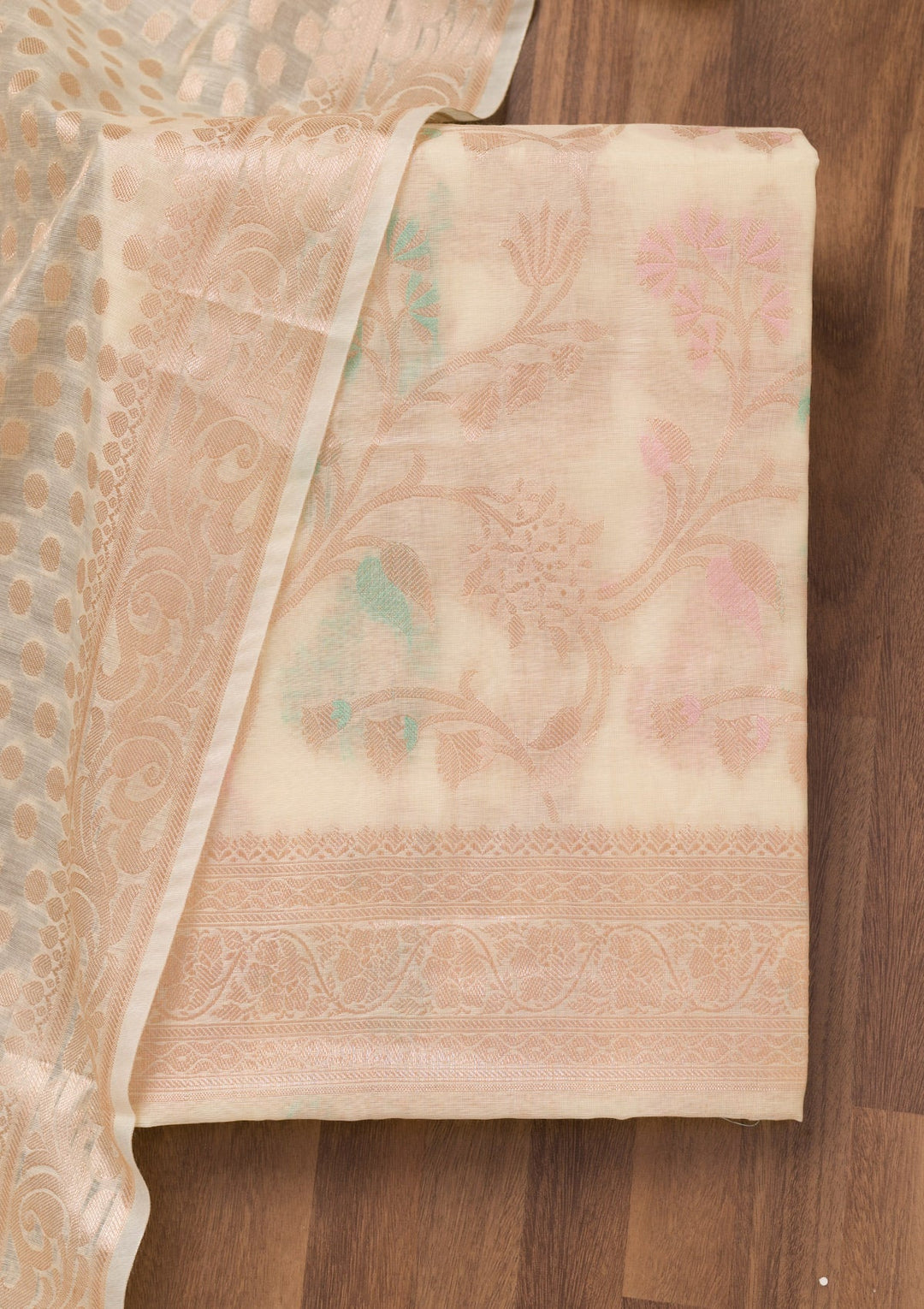Cream Zariwork Banarasi Unstitched Salwar Suit-Koskii