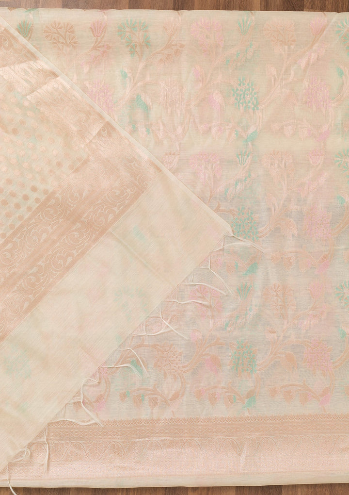 Cream Zariwork Banarasi Unstitched Salwar Suit-Koskii