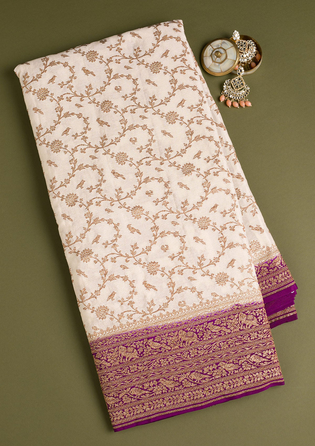 Cream Zariwork Banarasi Saree-Koskii