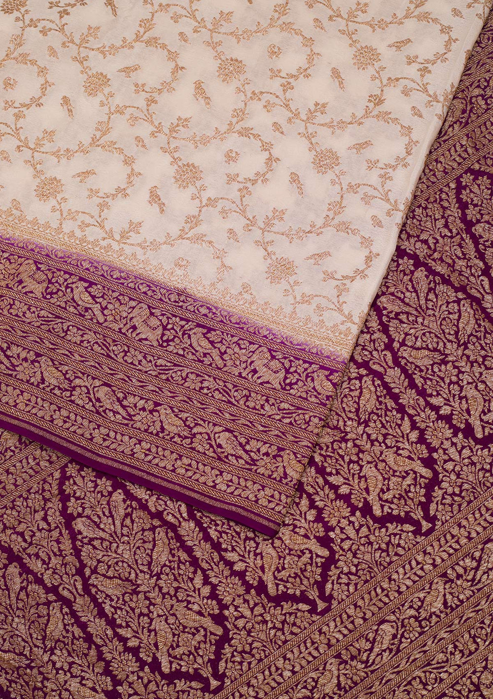 Cream Zariwork Banarasi Saree-Koskii