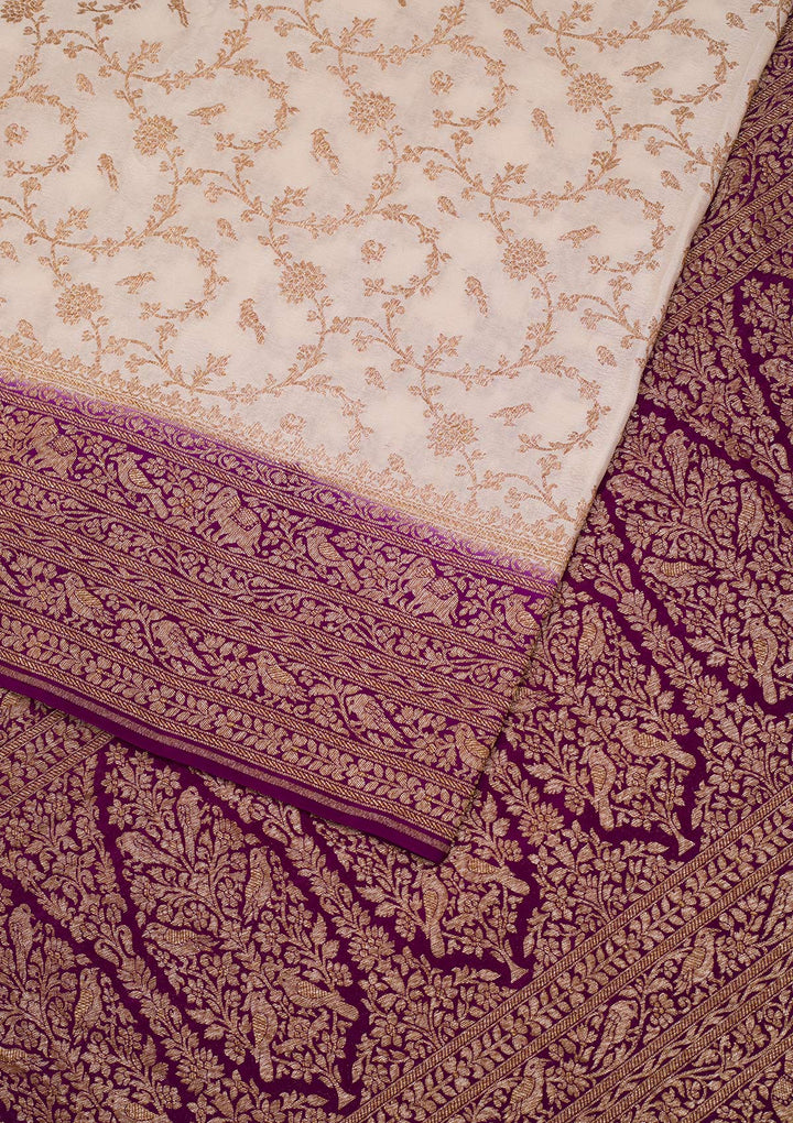 Cream Zariwork Banarasi Saree-Koskii