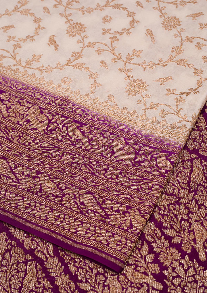 Cream Zariwork Banarasi Saree-Koskii