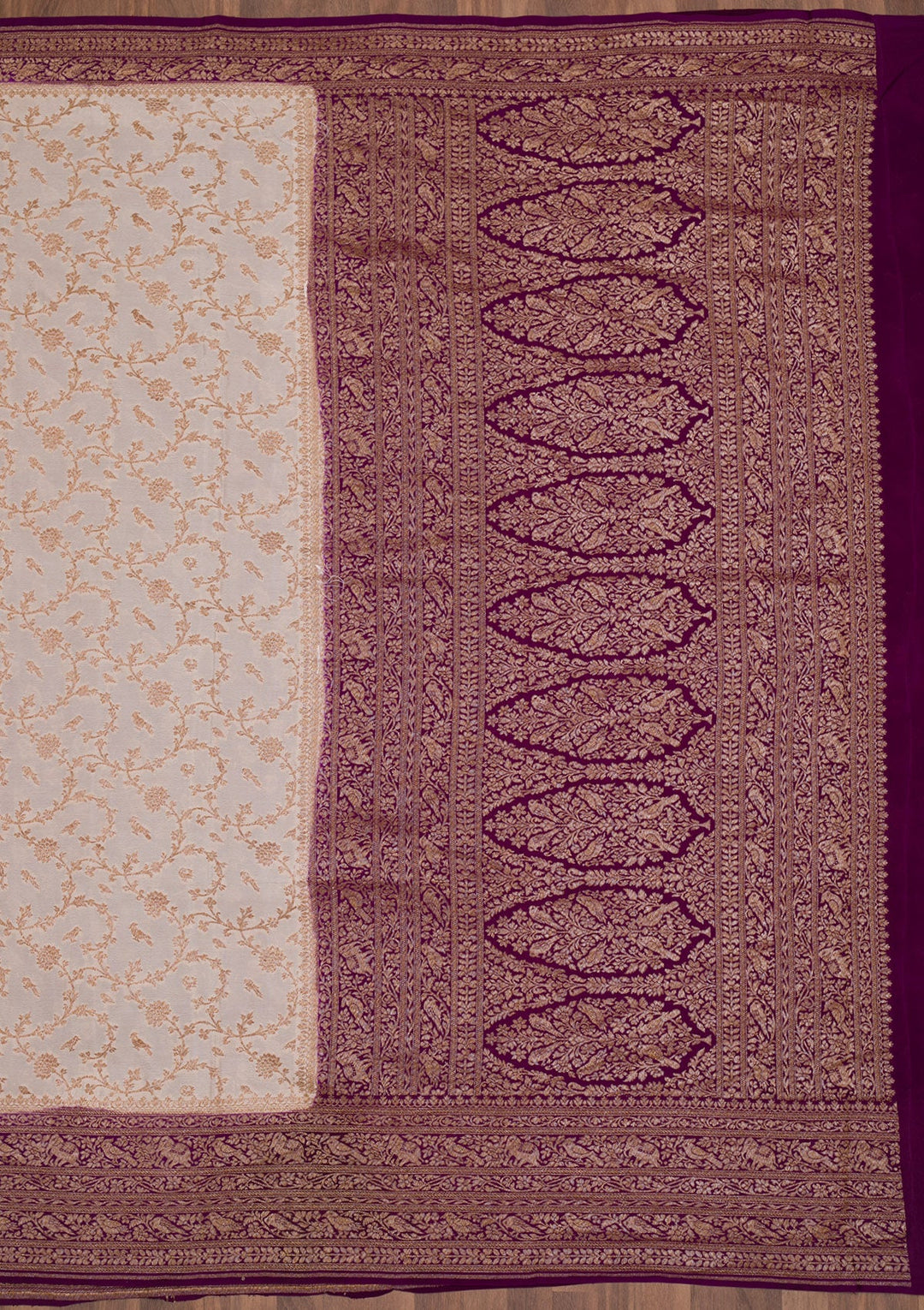 Cream Zariwork Banarasi Saree-Koskii