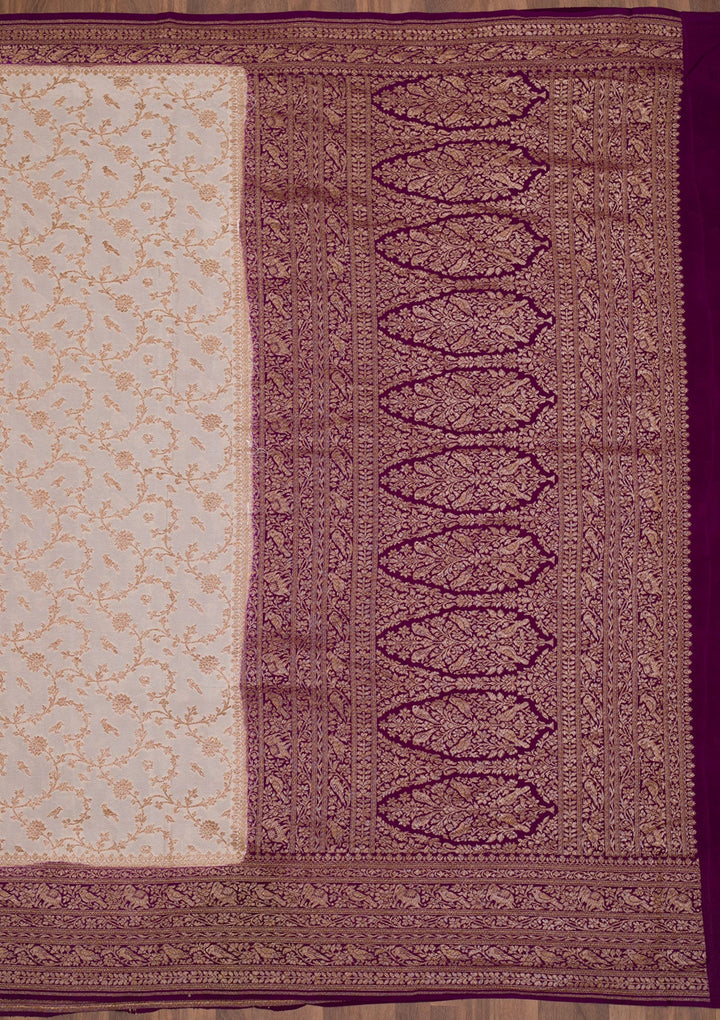 Cream Zariwork Banarasi Saree-Koskii