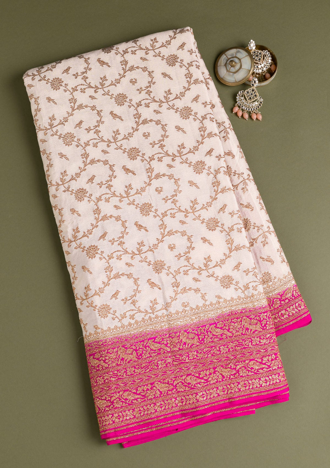 Cream Zariwork Banarasi Saree-Koskii