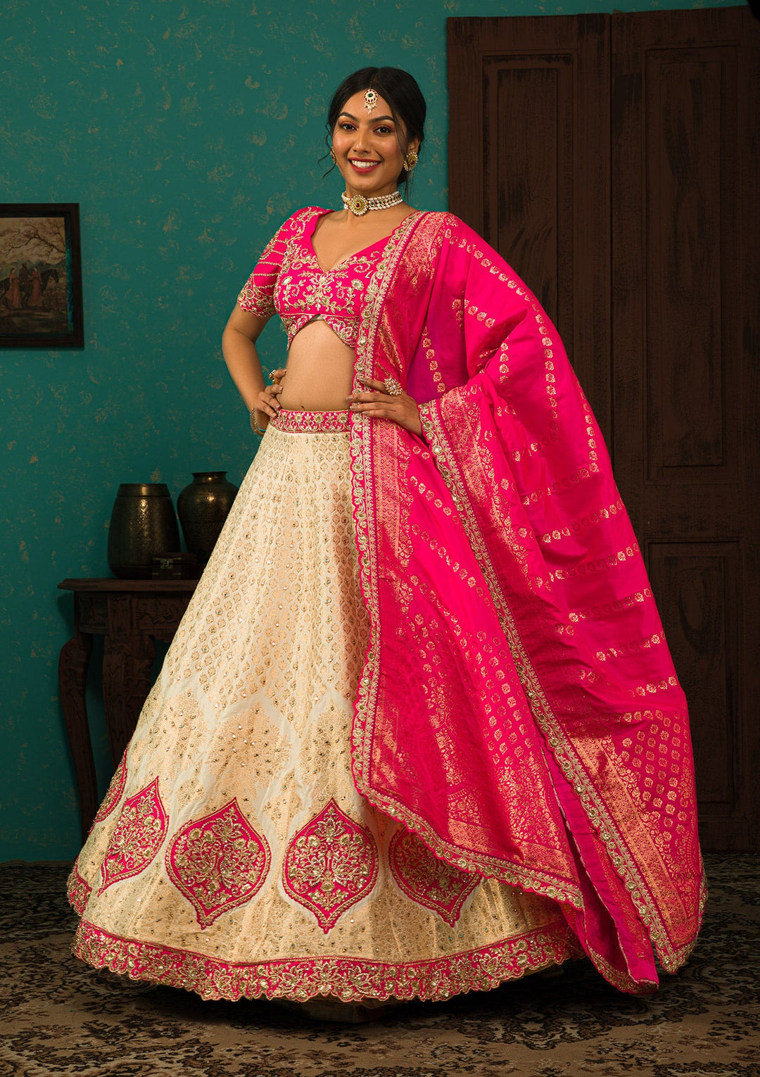 Cream Zariwork Brocade Readymade Lehenga-Koskii