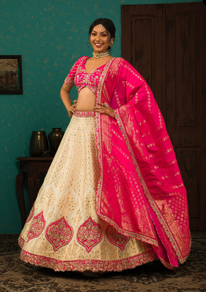 Cream Zariwork Brocade Readymade Lehenga-Koskii