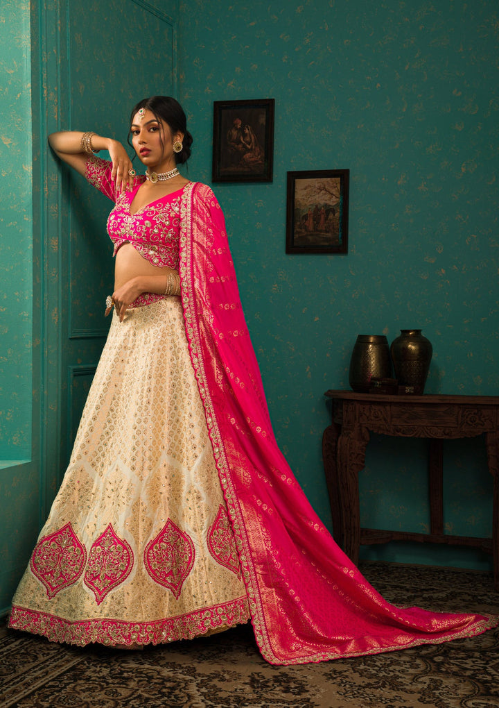 Cream Zariwork Brocade Readymade Lehenga-Koskii