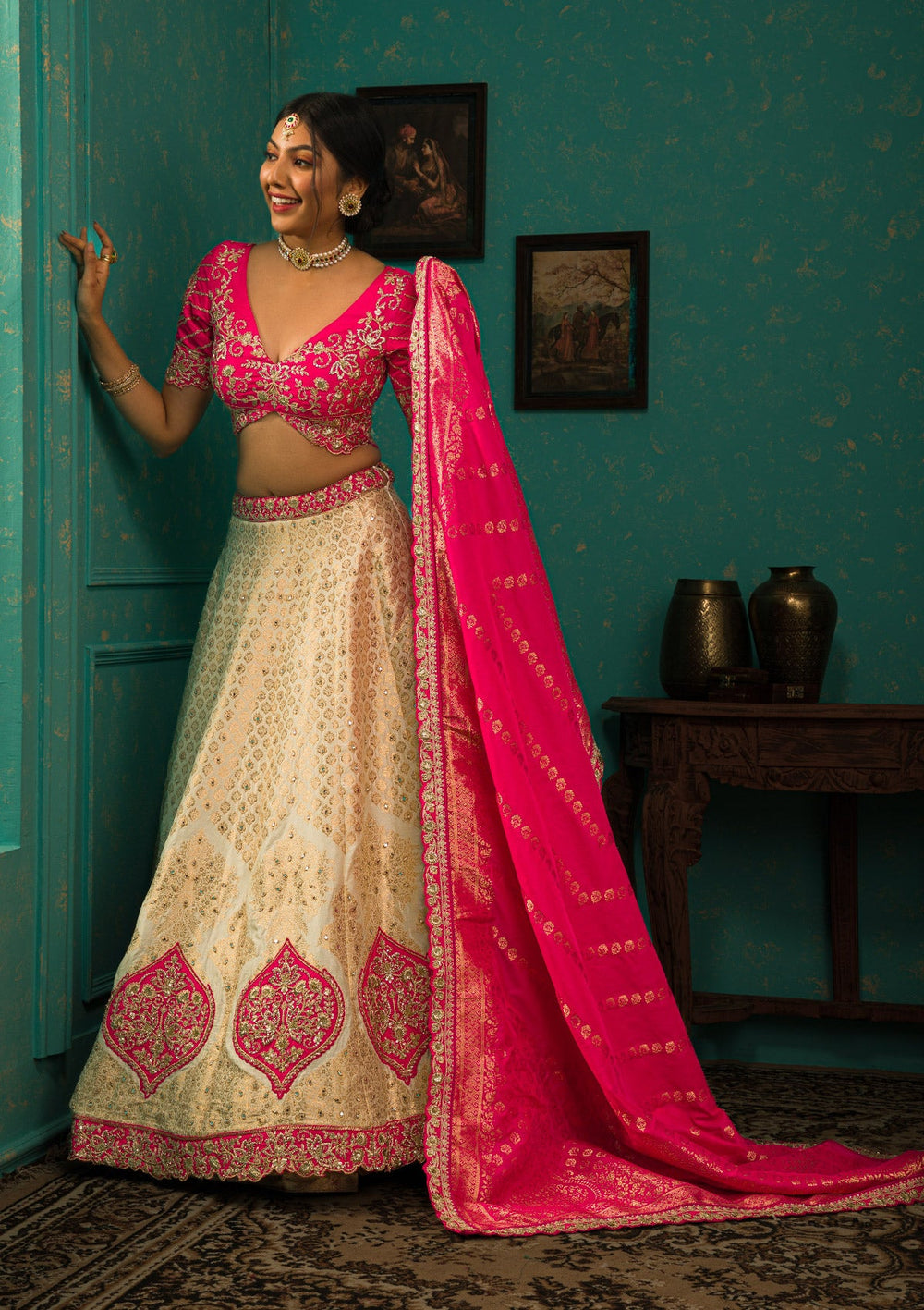 Cream Zariwork Brocade Readymade Lehenga-Koskii