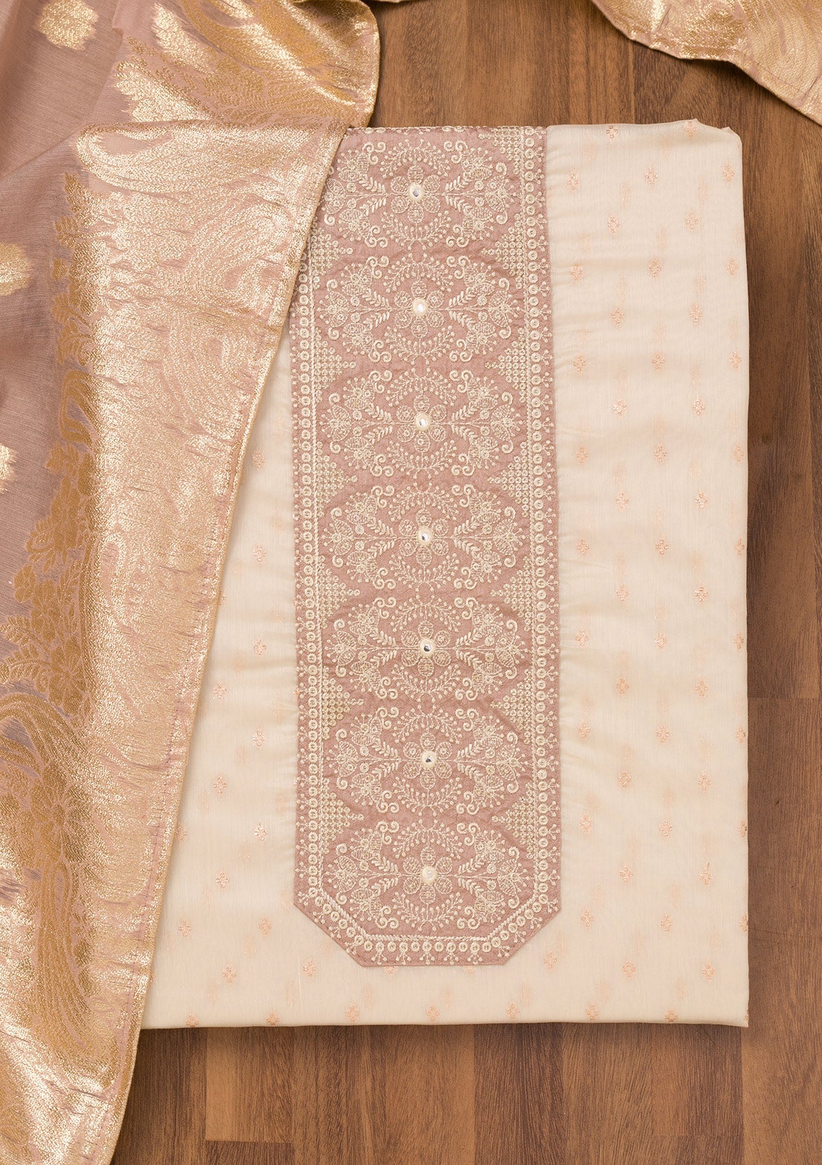 Cream Zariwork Chanderi Unstitched Salwar Suit-Koskii