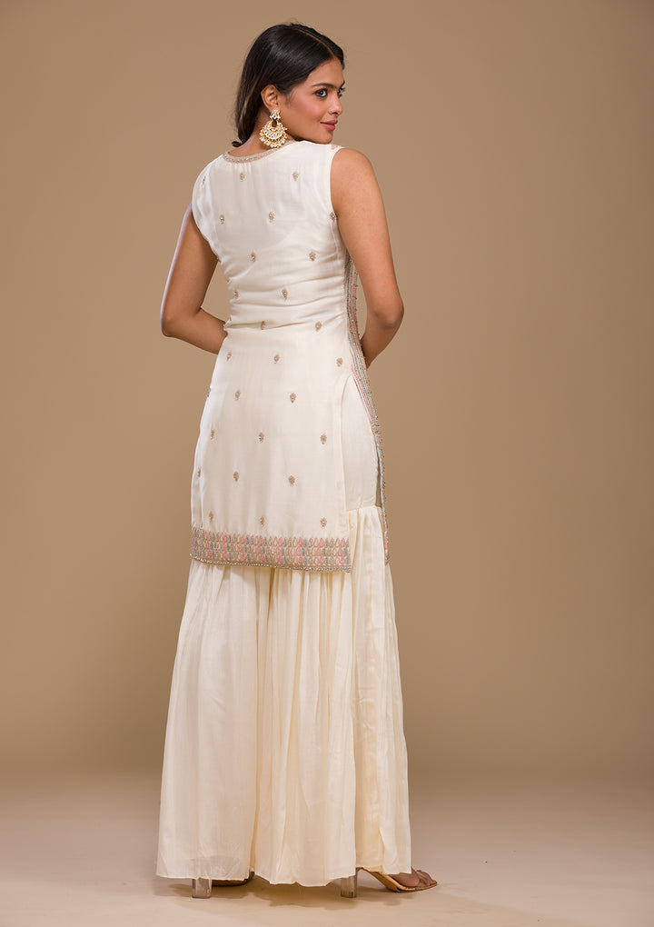 Cream Zariwork Chiffon Readymade Salwar Kameez-Koskii