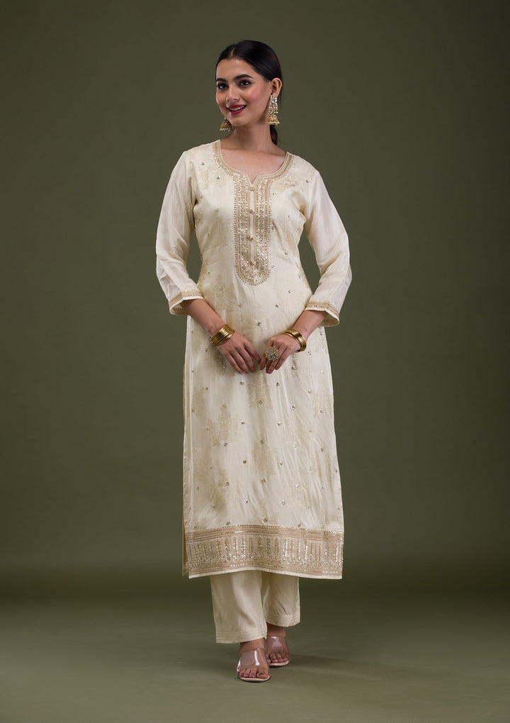 Cream Zariwork Crepe Readymade Salwar Suit-Koskii