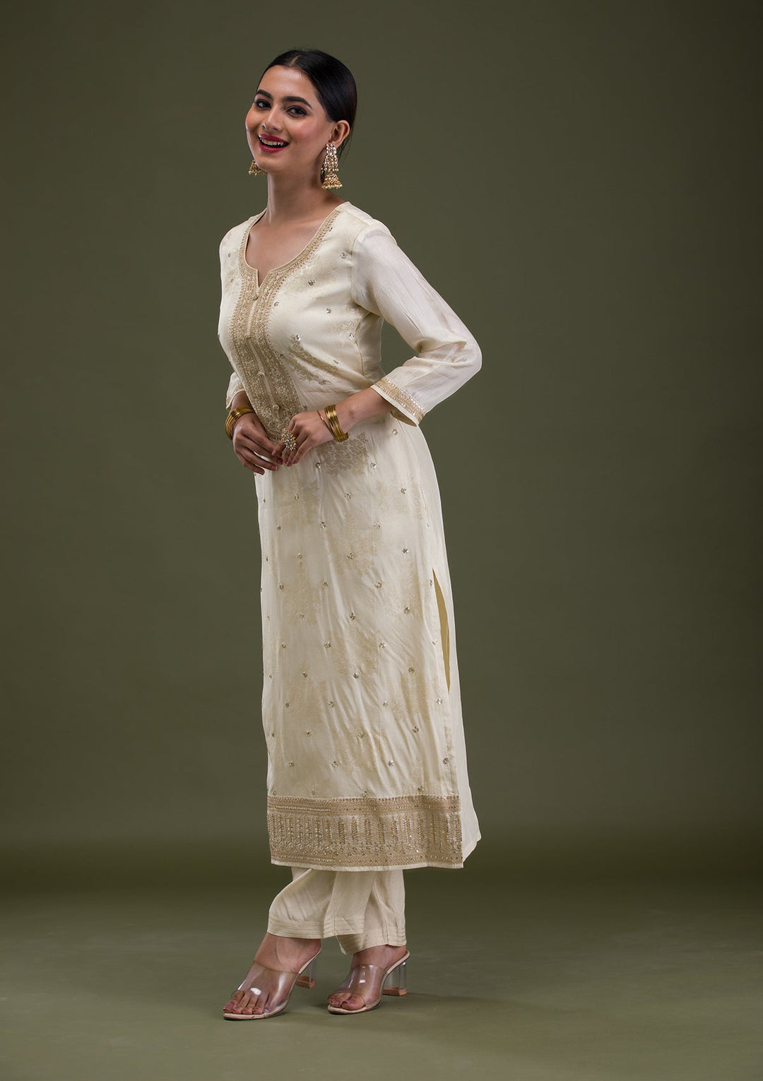 Cream Zariwork Crepe Readymade Salwar Suit-Koskii