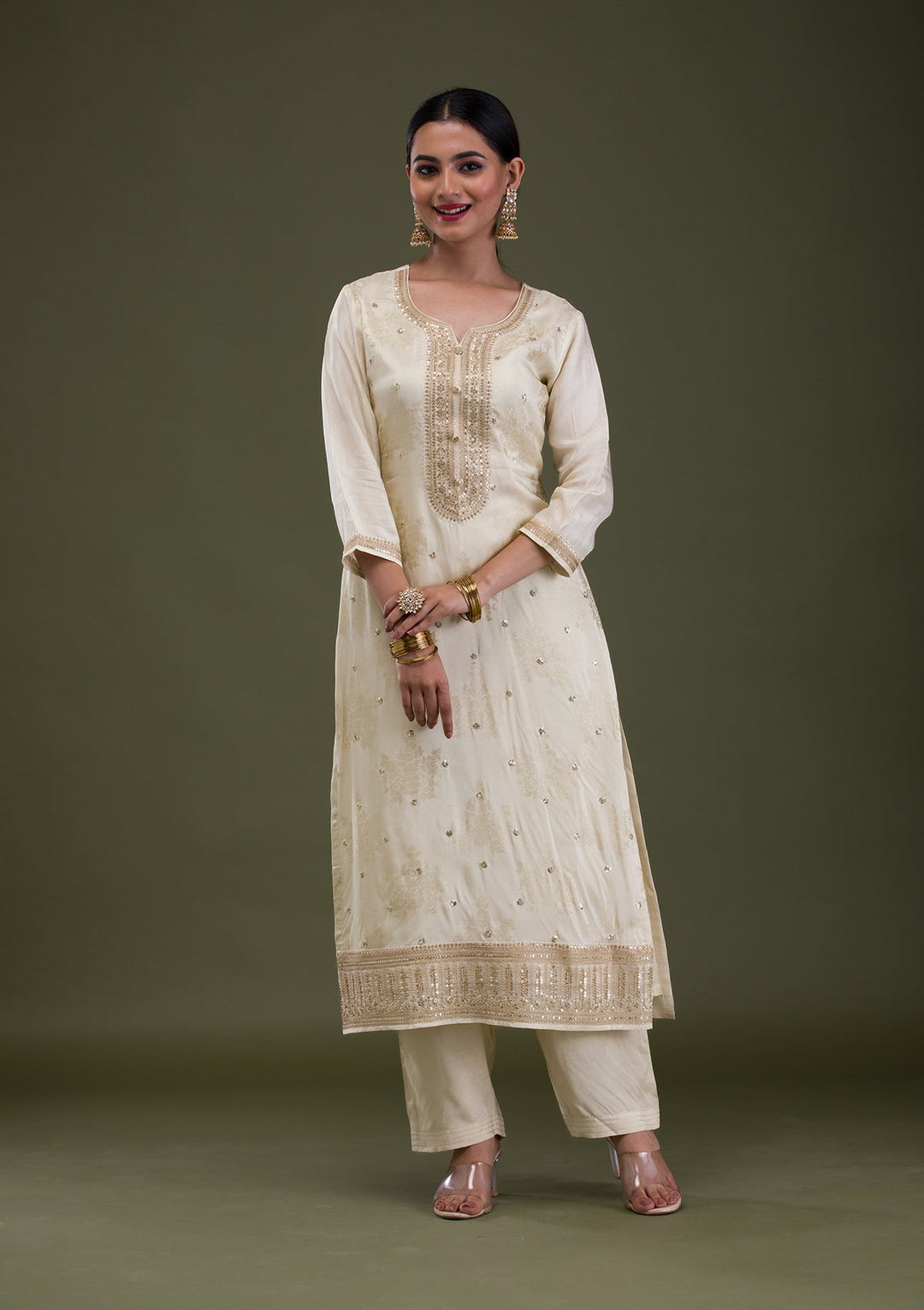 Cream Zariwork Crepe Readymade Salwar Suit-Koskii
