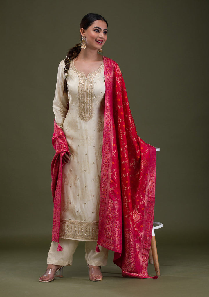 Cream Zariwork Crepe Readymade Salwar Suit-Koskii