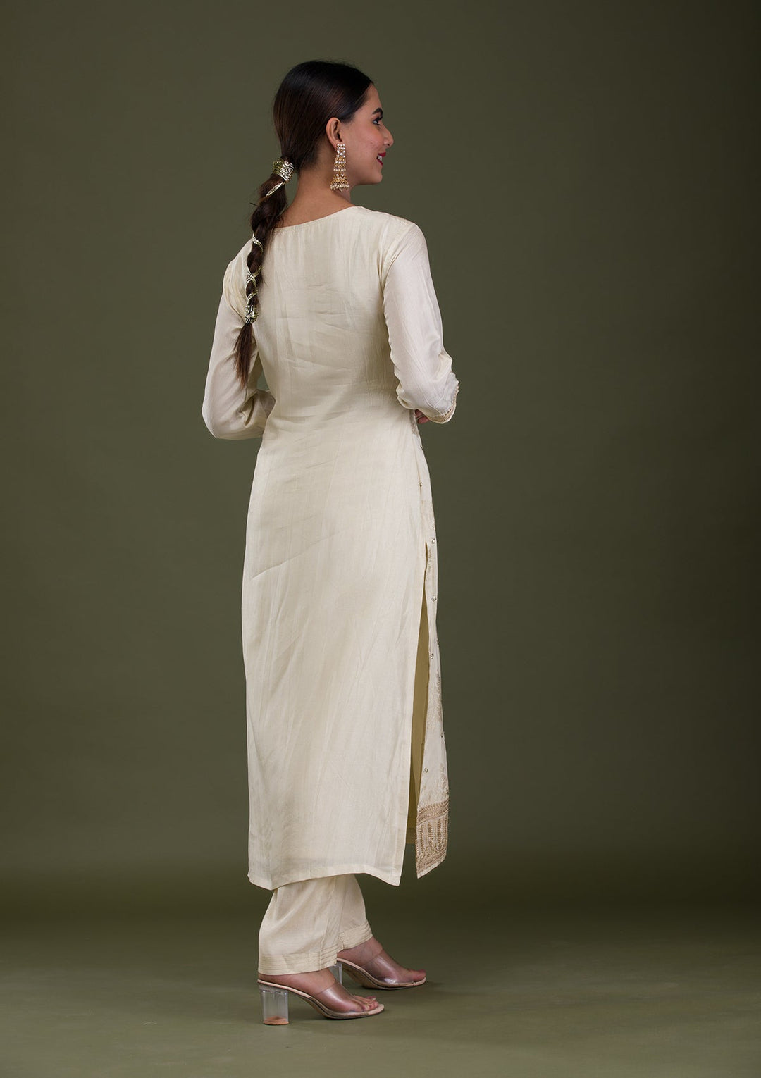 Cream Zariwork Crepe Readymade Salwar Suit-Koskii