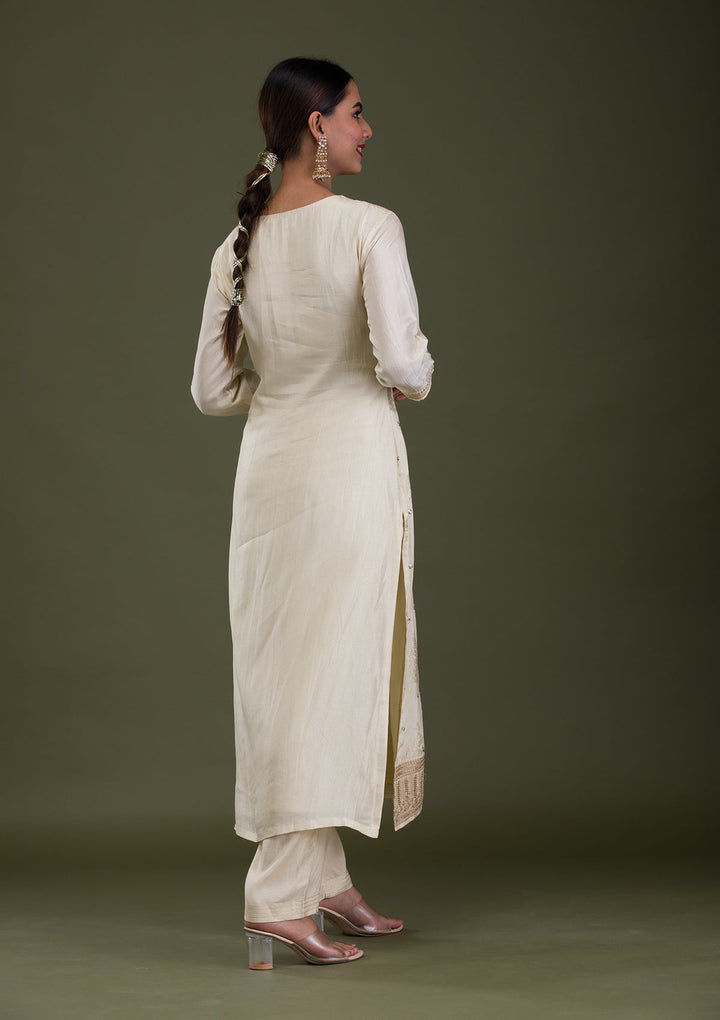 Cream Zariwork Crepe Readymade Salwar Suit-Koskii