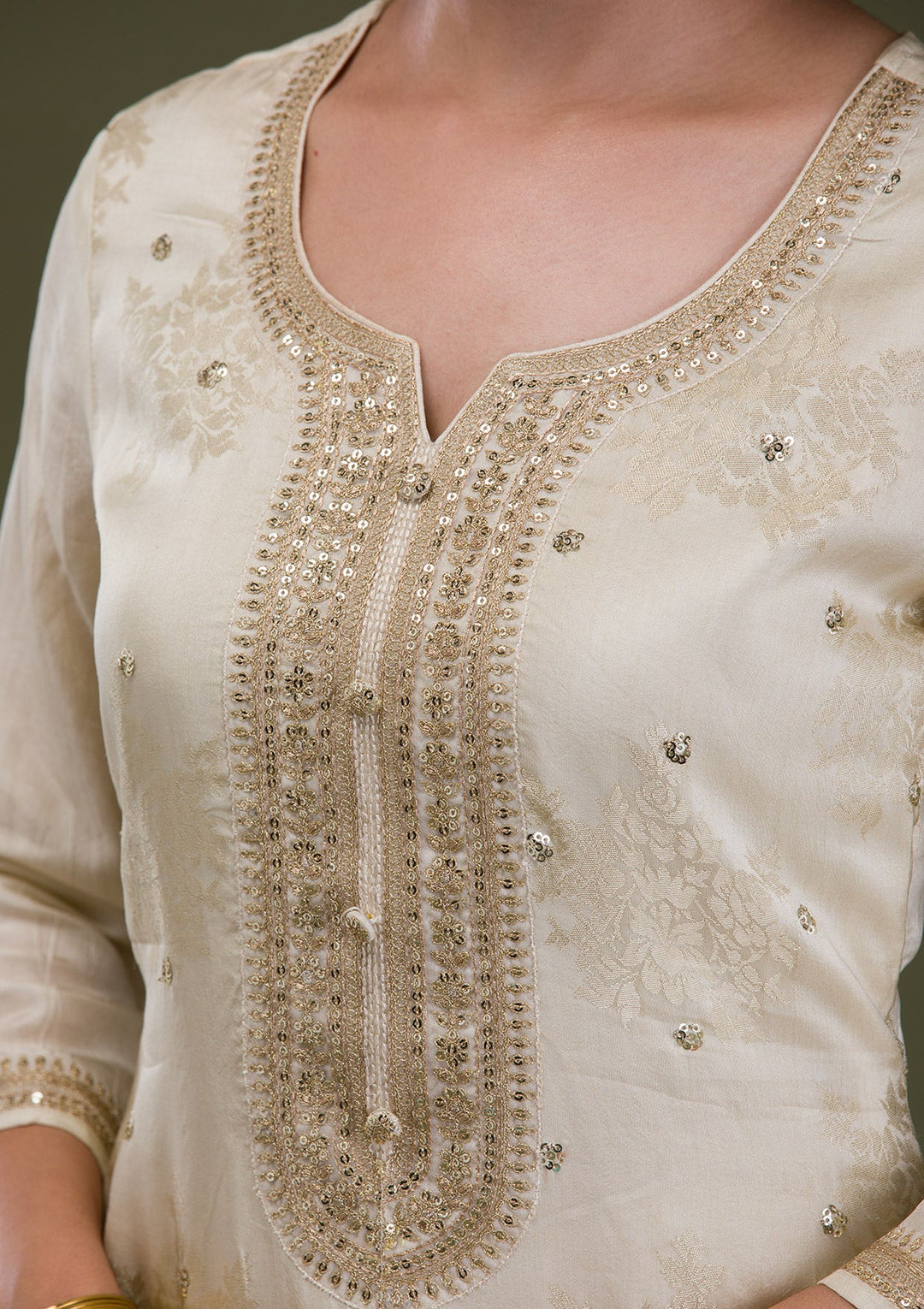 Cream Zariwork Crepe Readymade Salwar Suit-Koskii