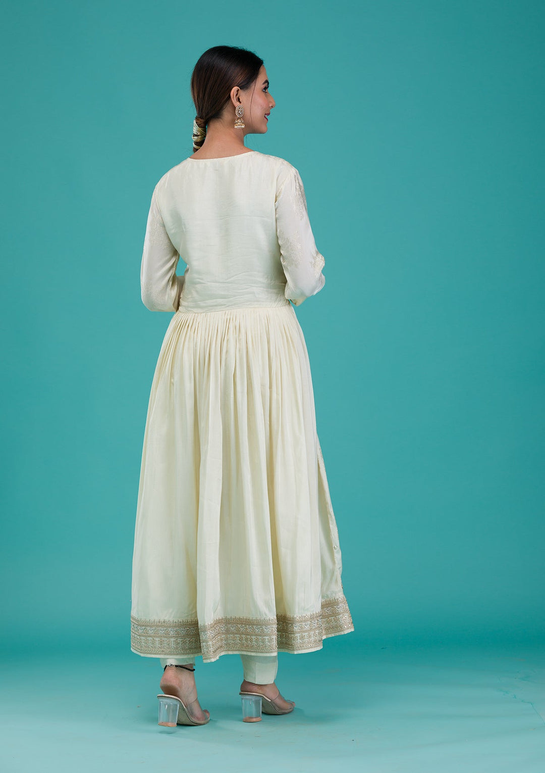 Cream Zariwork Crepe Readymade Salwar Suit-Koskii