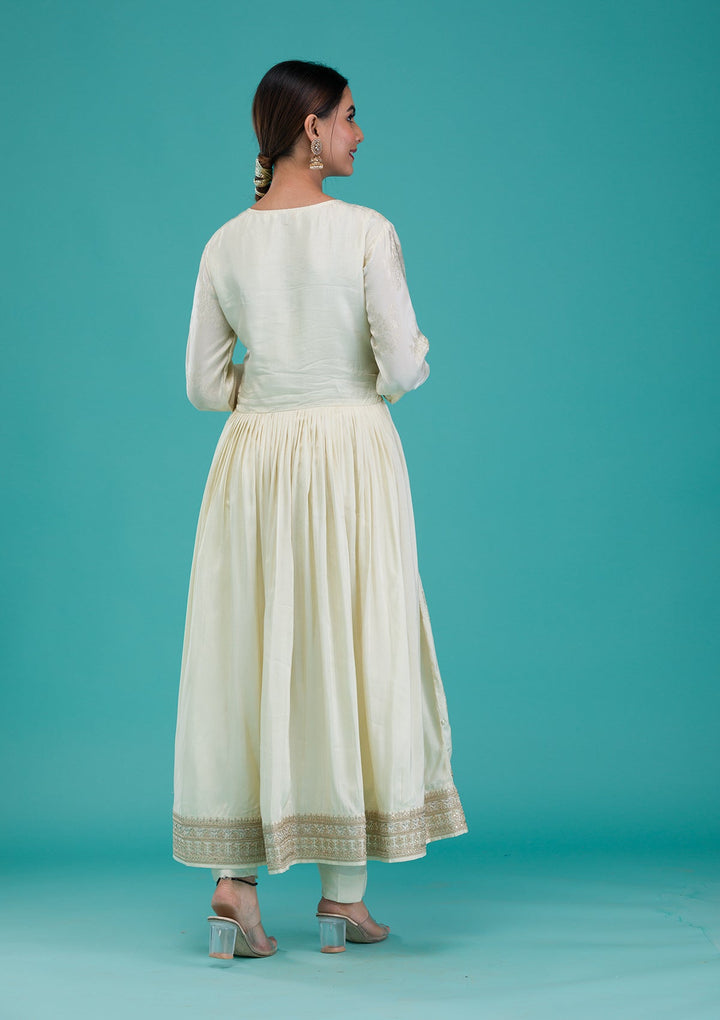 Cream Zariwork Crepe Readymade Salwar Suit-Koskii