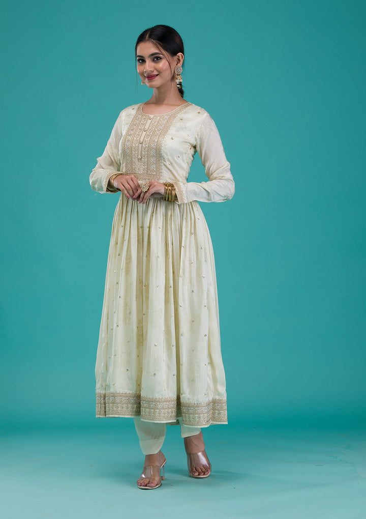 Cream Zariwork Crepe Readymade Salwar Suit-Koskii
