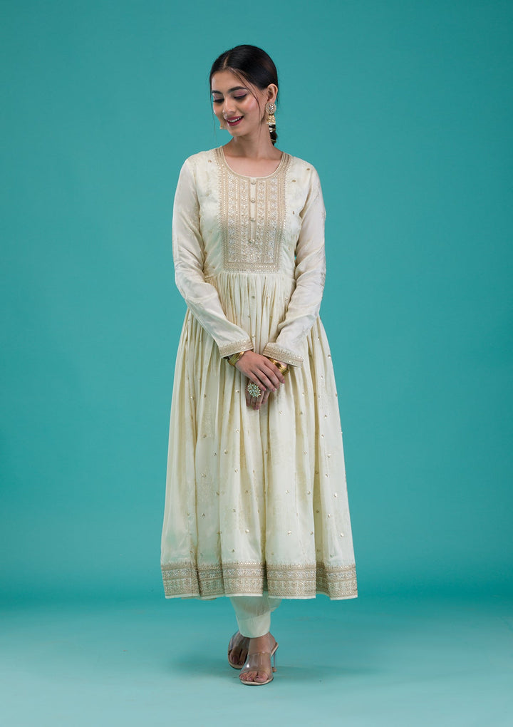 Cream Zariwork Crepe Readymade Salwar Suit-Koskii