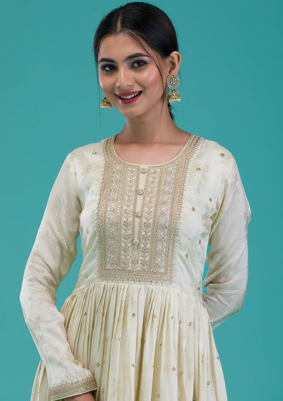 Cream Zariwork Crepe Readymade Salwar Suit-Koskii