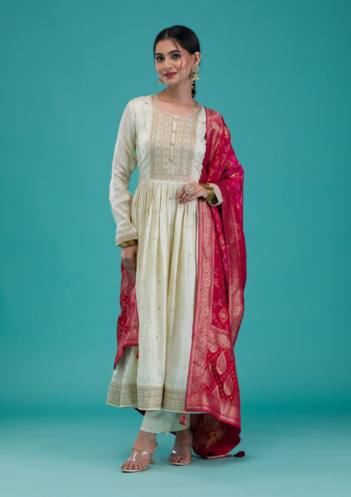 Cream Zariwork Crepe Readymade Salwar Suit-Koskii