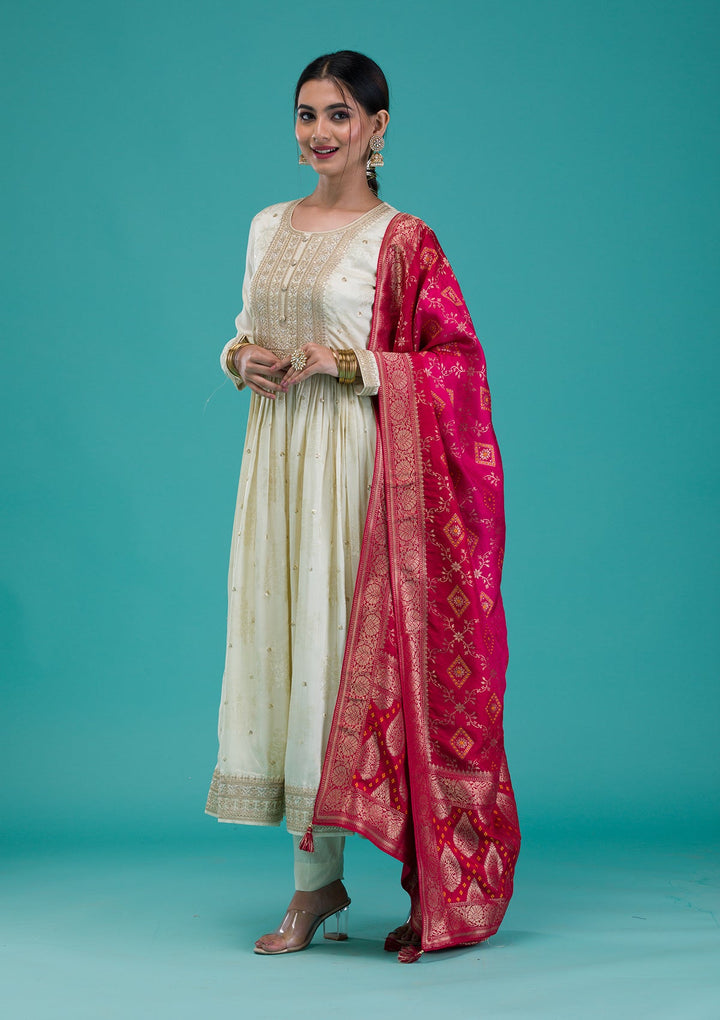 Cream Zariwork Crepe Readymade Salwar Suit-Koskii