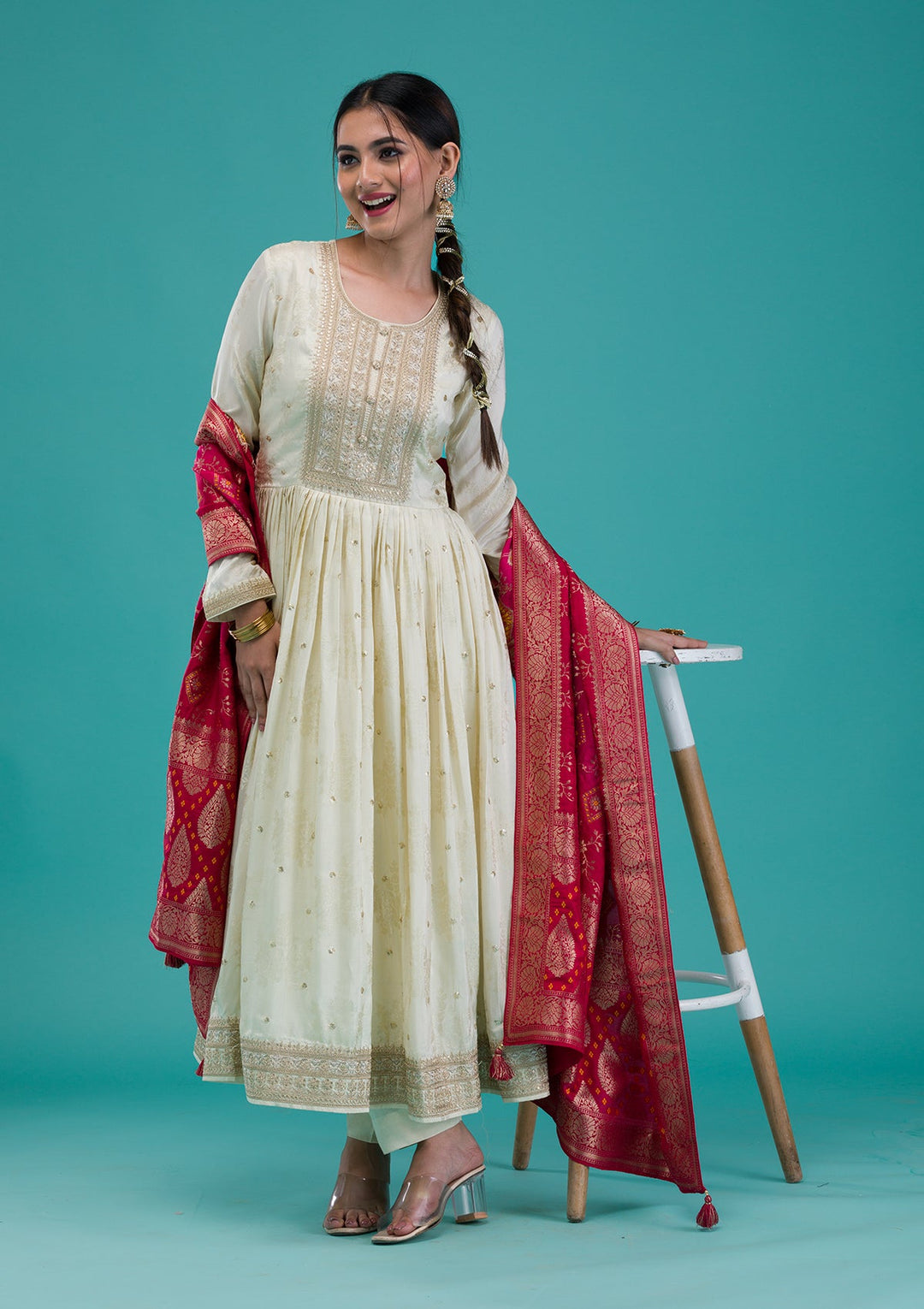 Cream Zariwork Crepe Readymade Salwar Suit-Koskii