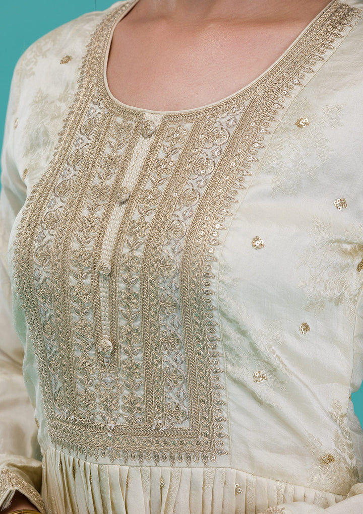 Cream Zariwork Crepe Readymade Salwar Suit-Koskii