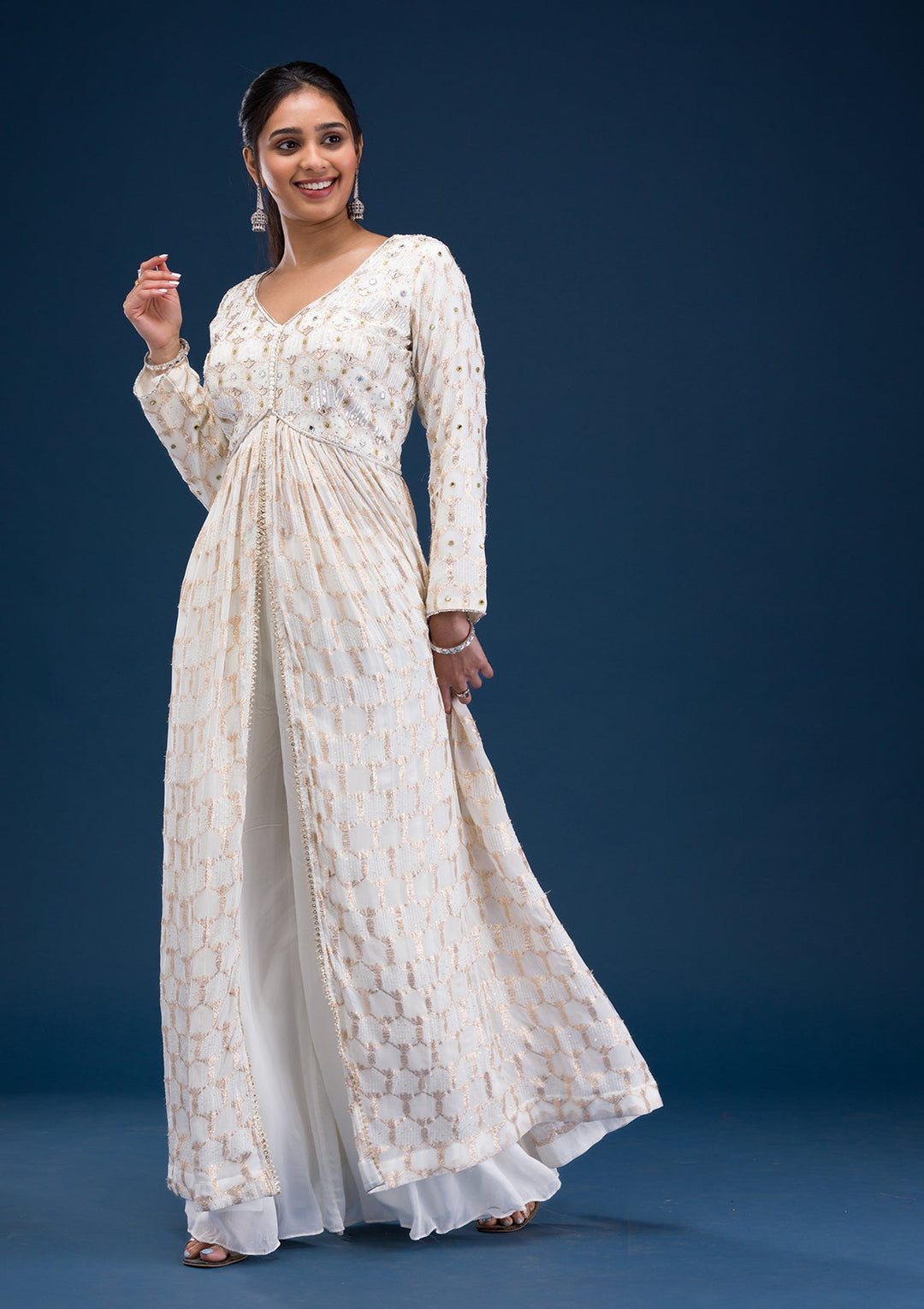 Cream Zariwork Georgette Readymade Salwar Suit-Koskii