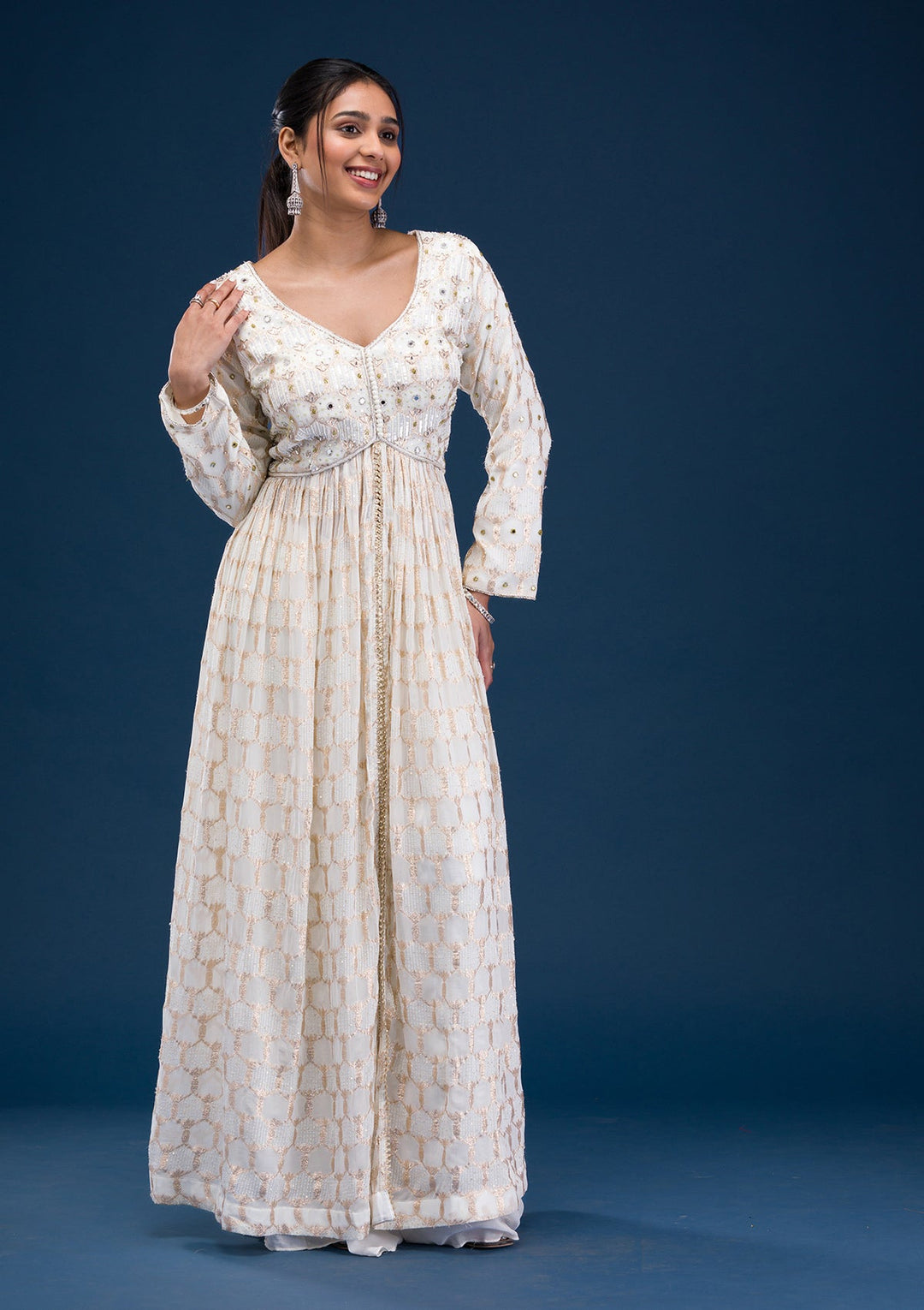 Cream Zariwork Georgette Readymade Salwar Suit-Koskii