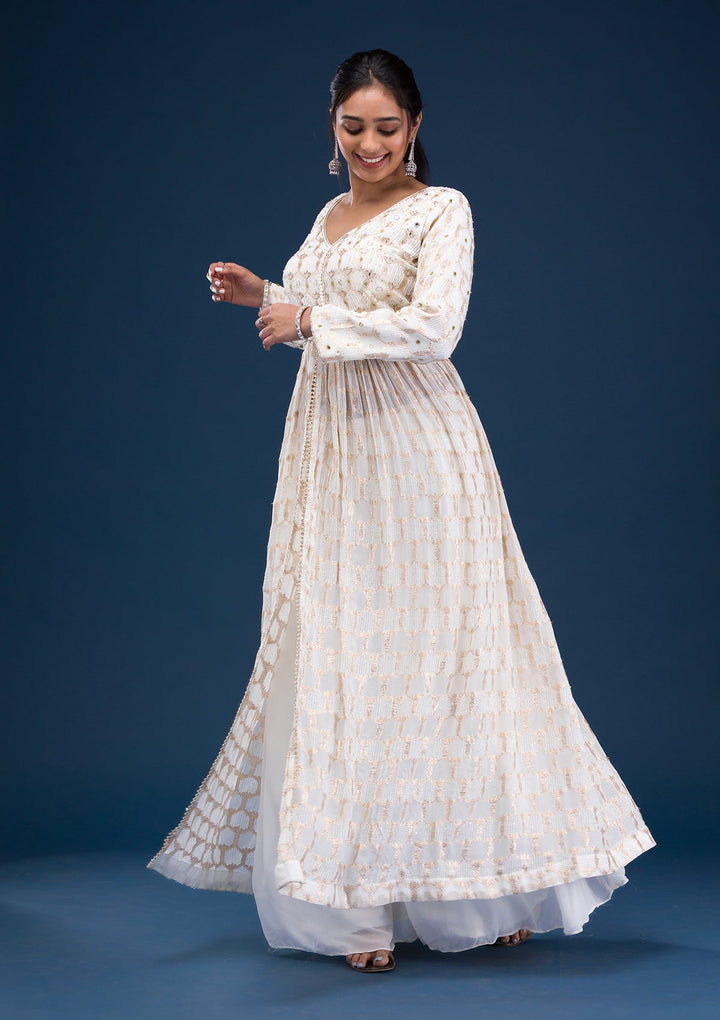 Cream Zariwork Georgette Readymade Salwar Suit-Koskii