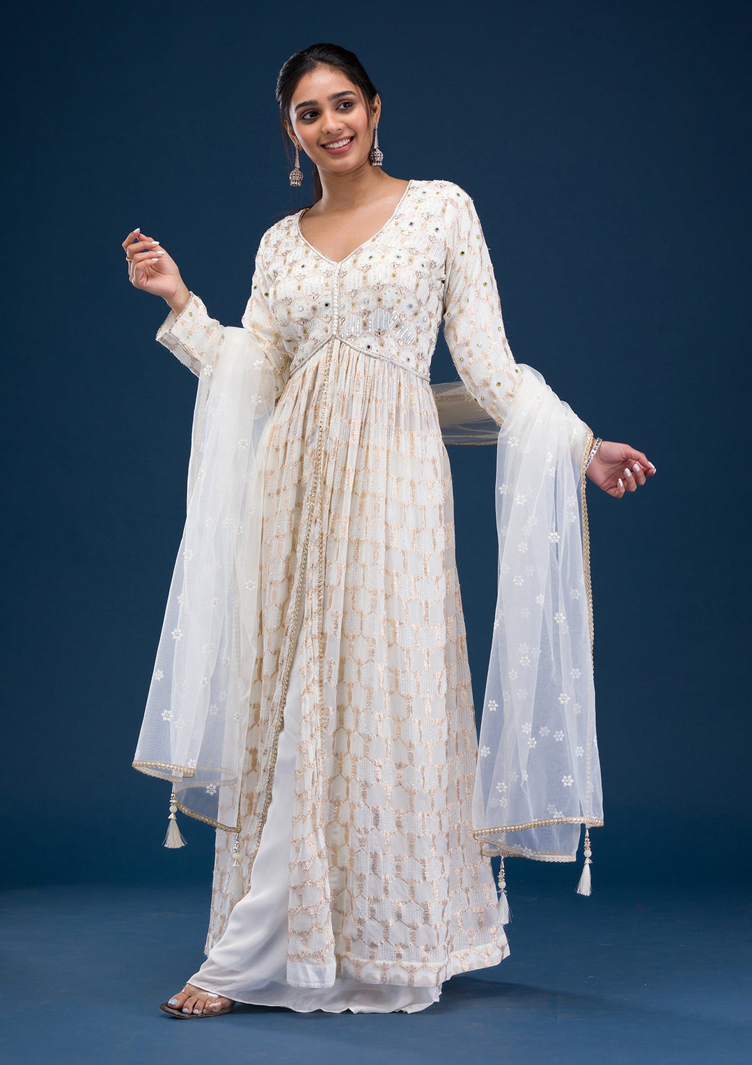 Cream Zariwork Georgette Readymade Salwar Suit-Koskii