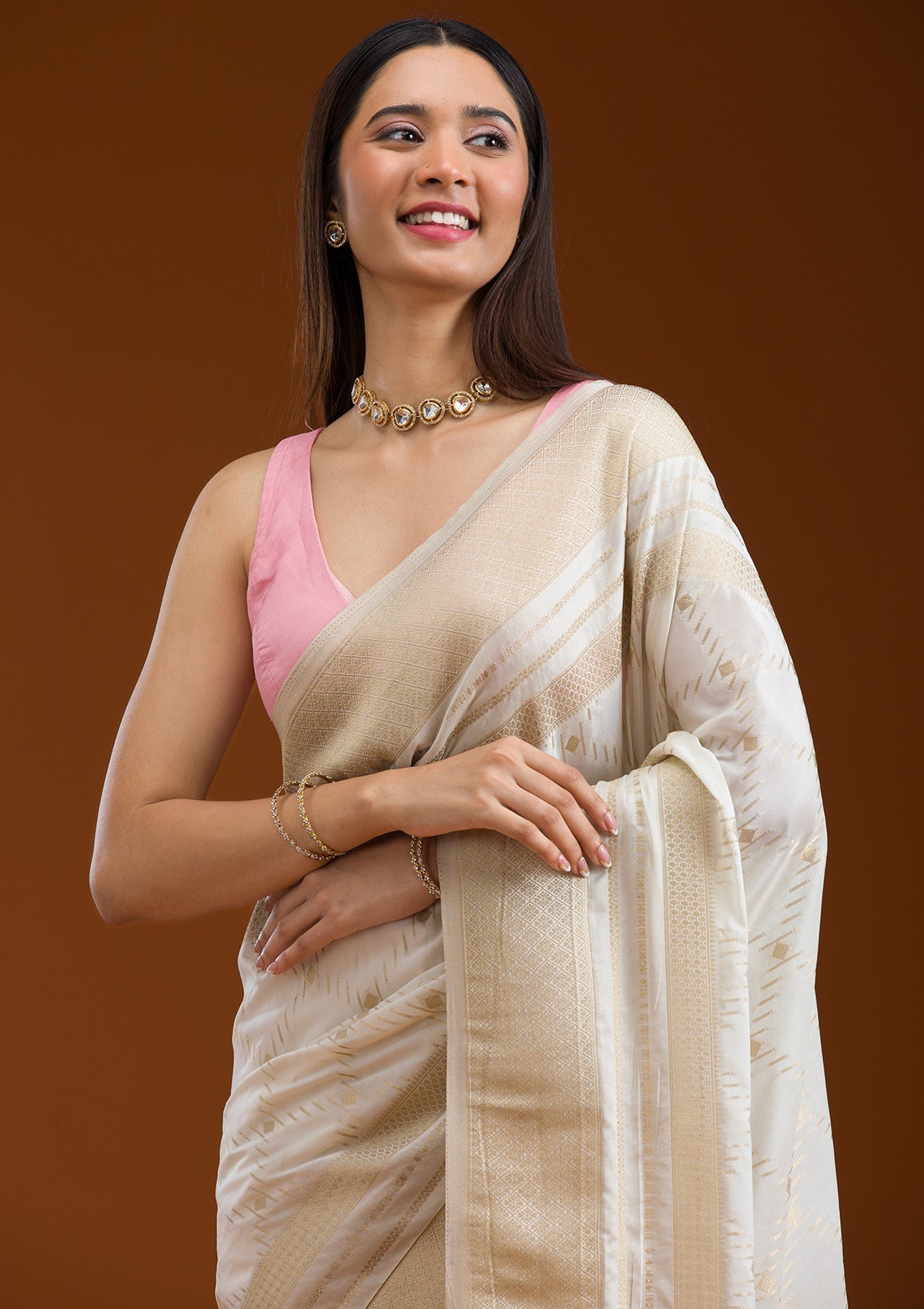 Cream Zariwork Georgette Saree-Koskii