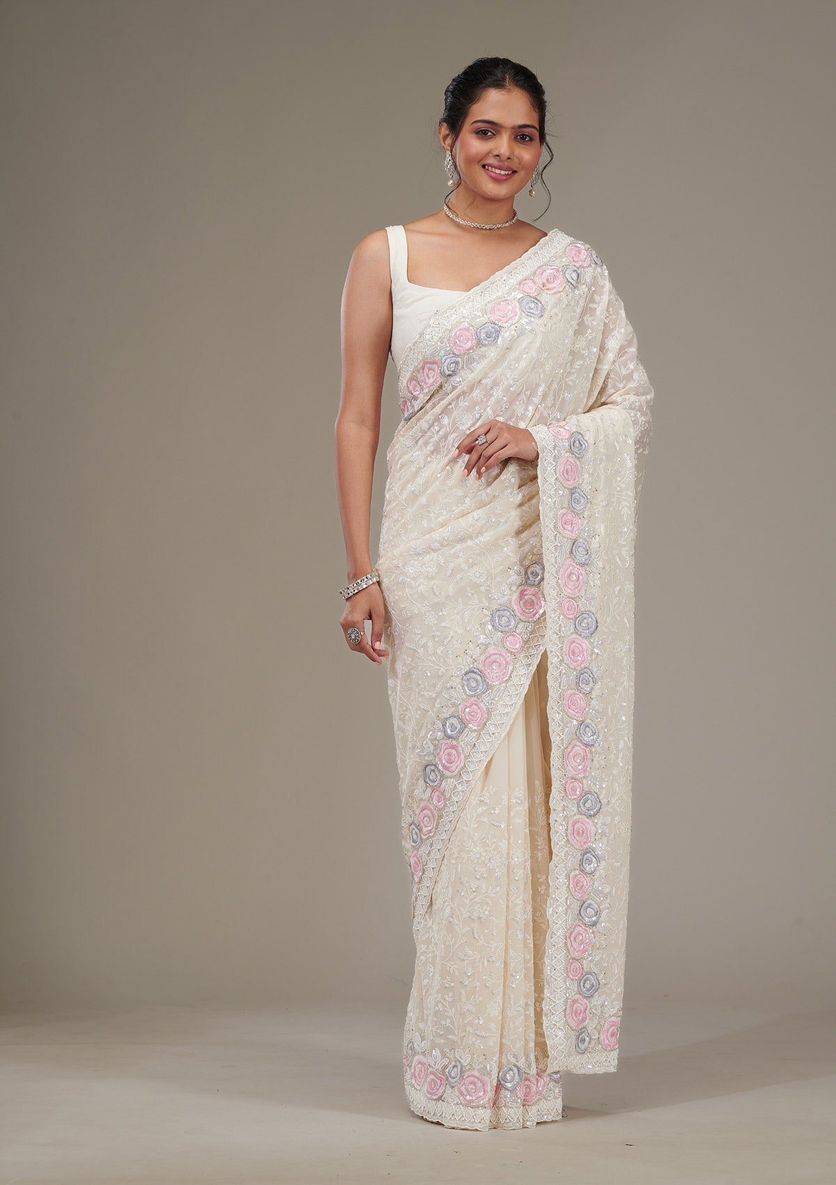 Cream Zariwork Georgette Saree-Koskii