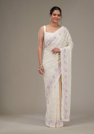 Cream Zariwork Georgette Saree-Koskii