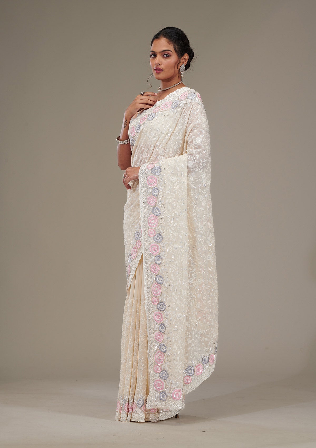 Cream Zariwork Georgette Saree-Koskii