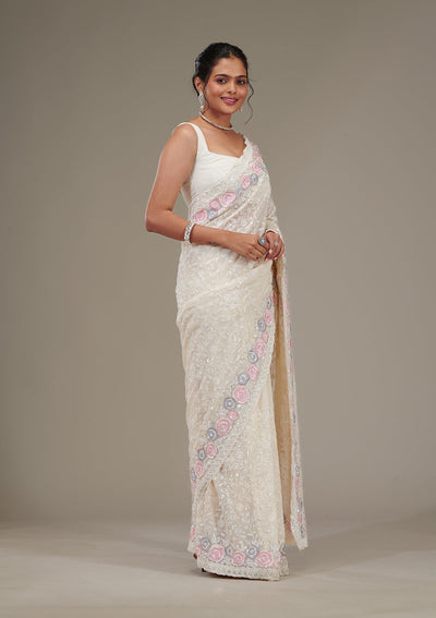 Cream Zariwork Georgette Saree-Koskii