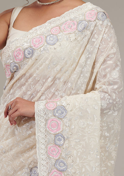 Cream Zariwork Georgette Saree-Koskii