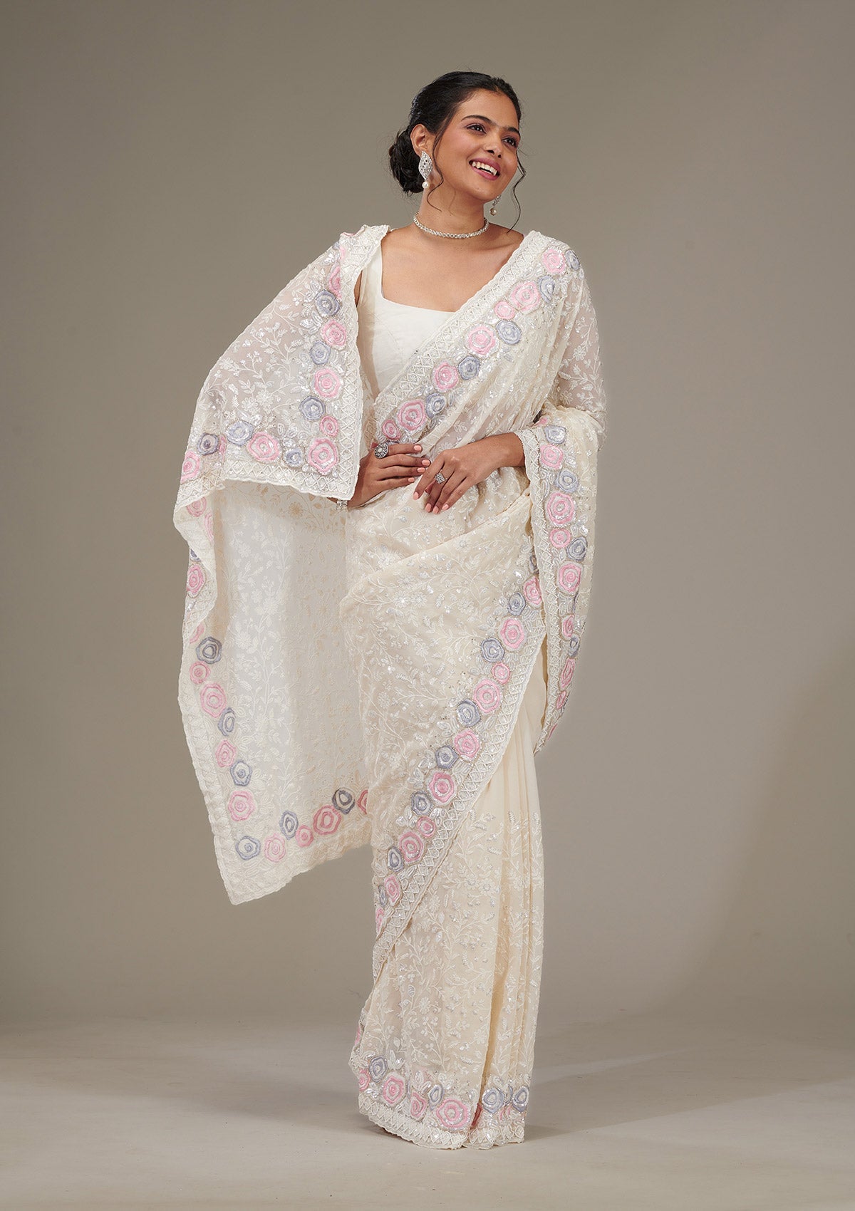 Cream Zariwork Georgette Saree-Koskii